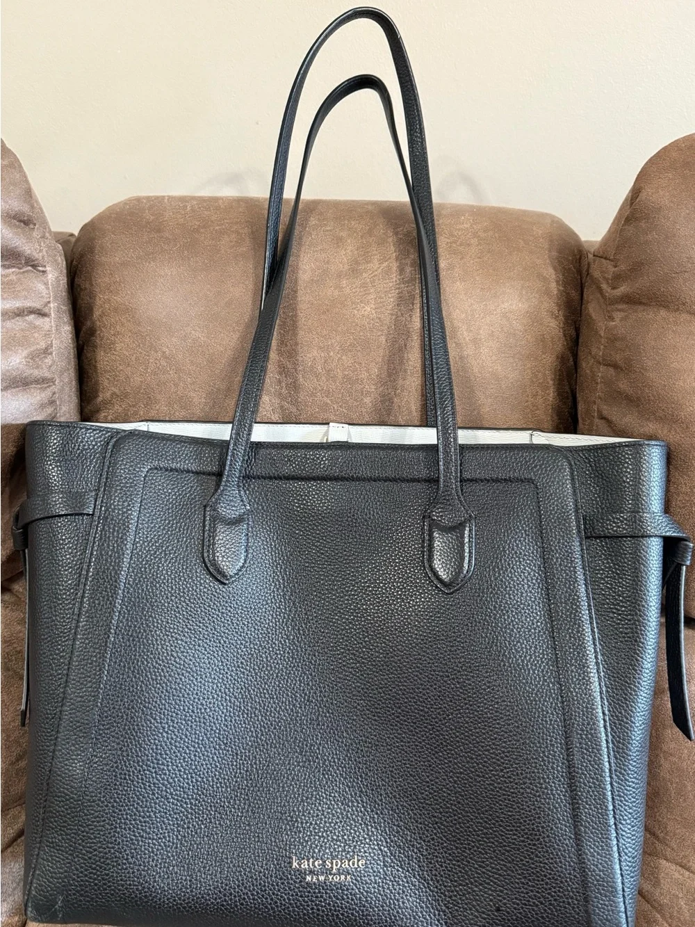kate spade Black Pebbled Leather Tote with White Interior Trim